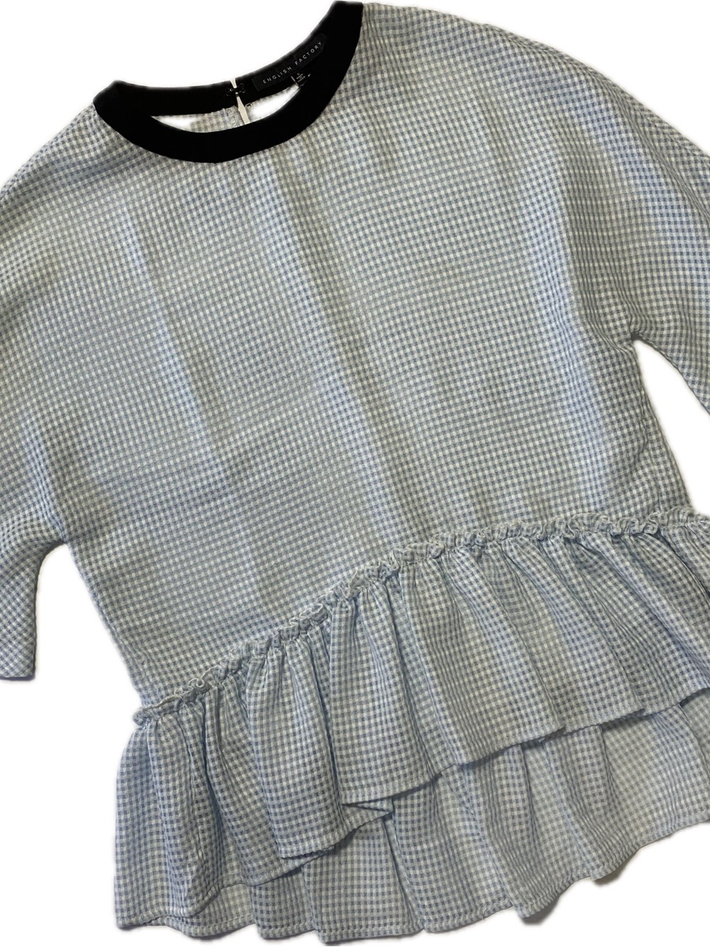 English Factory Light Blue and White Gingham Peplum Top with Black Trim